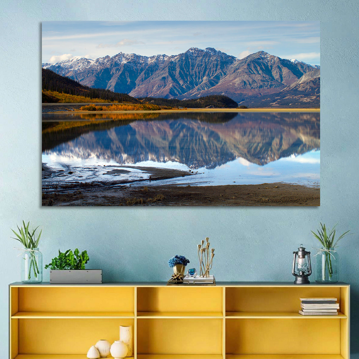 Kluane Lake Autumn Reflection Wall Art in a room, landscape