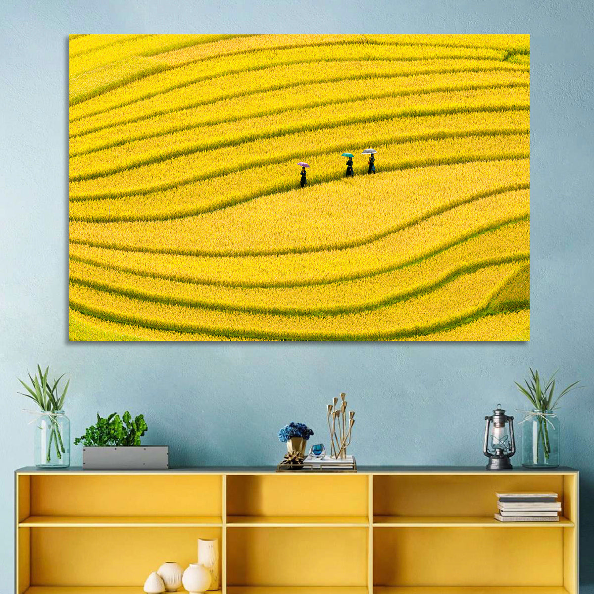 Golden Rice Terraces with Umbrellas Wall Art