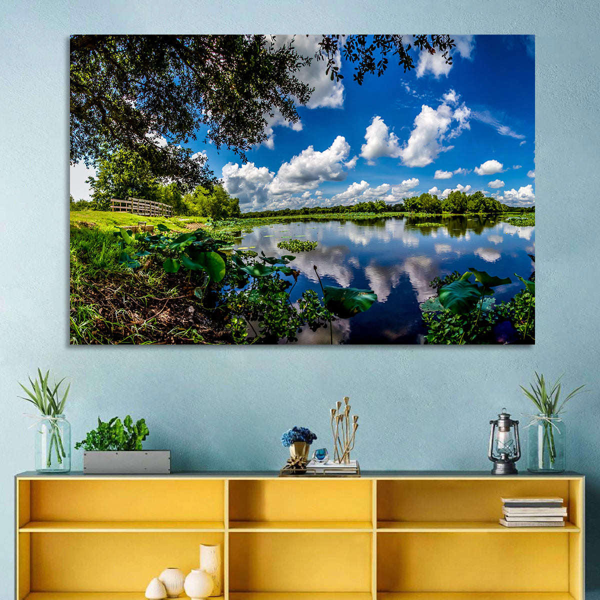 Brazos Bend Lake Reflection Wall Art in a room, landscape