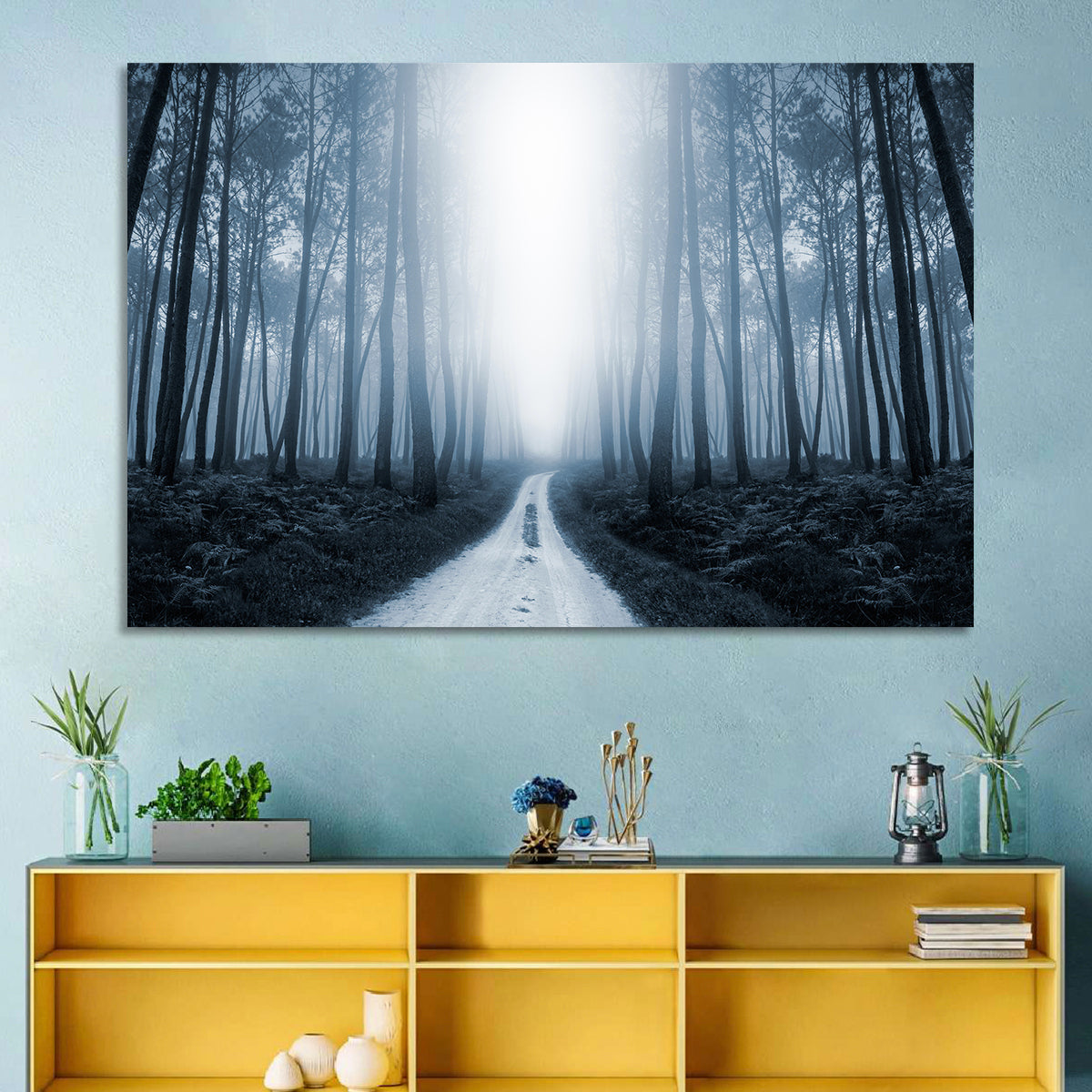 Misty Forest Road at Twilight Wall Art in a room, landscape