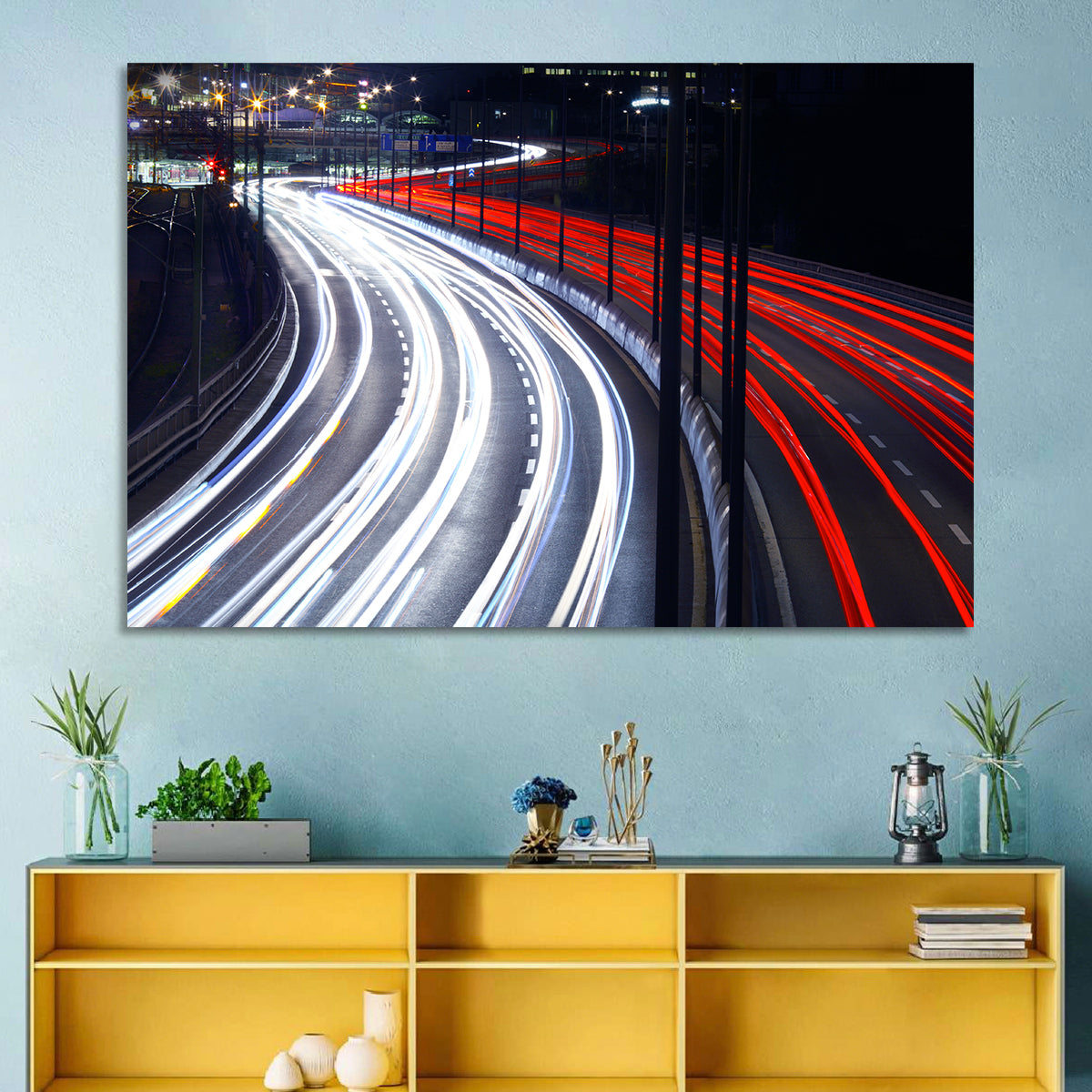 Night Highway Light Trails Wall Art in a room, landscape