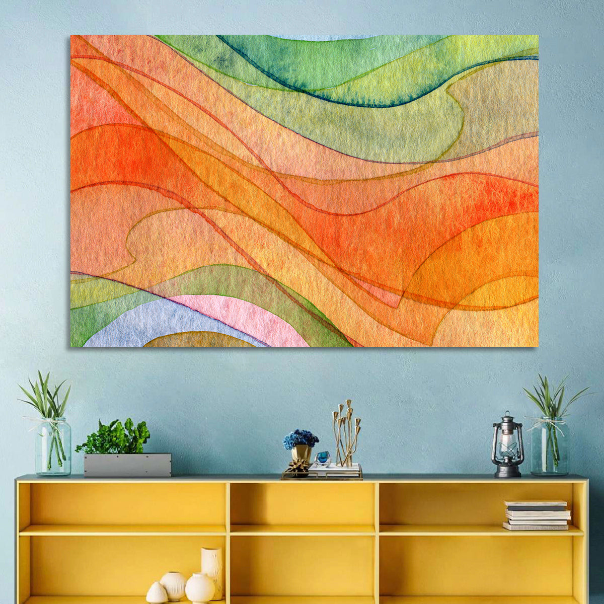 Flying Waves Abstract Wall Art in a room, landscape