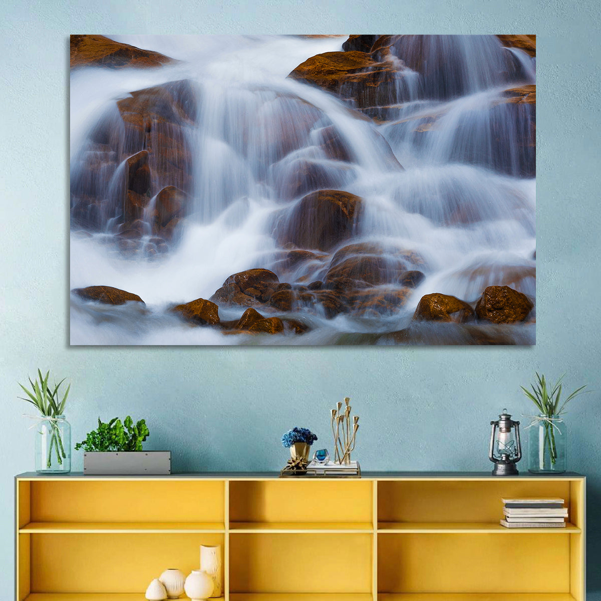 Rocky Mountain Waterfall Wall Art in a room, landscape