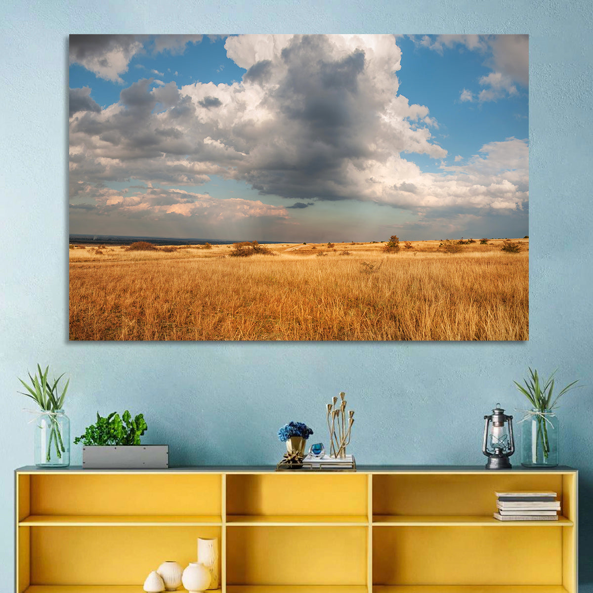 Golden Oklahoma Prairie Wall Art in a room, landscape