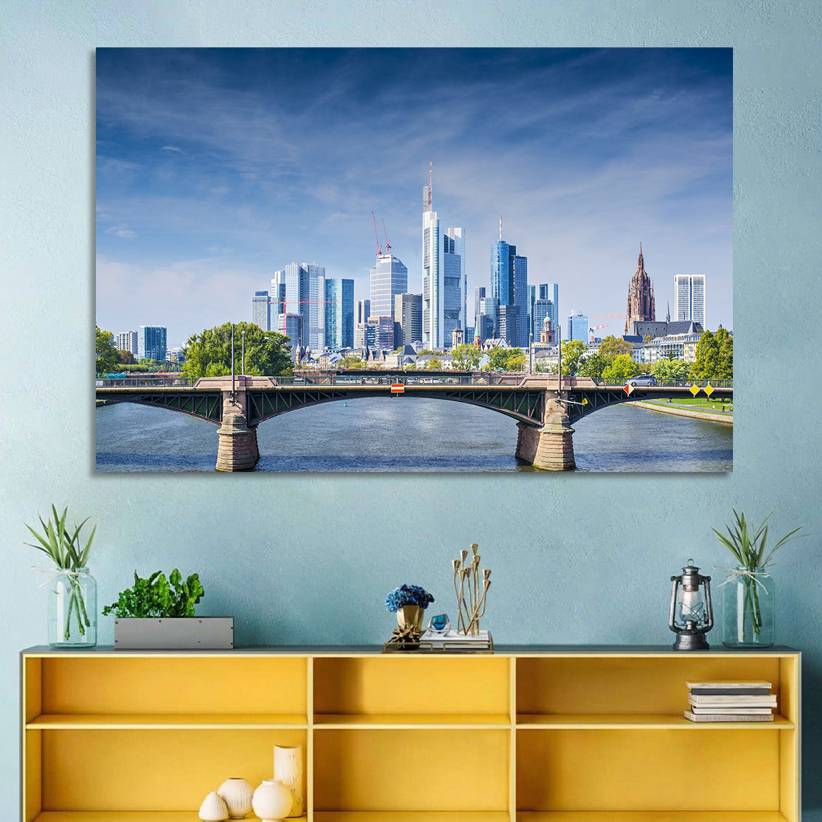 Frankfurt Skyline with Eiserner Steg Wall Art in a room, landscape