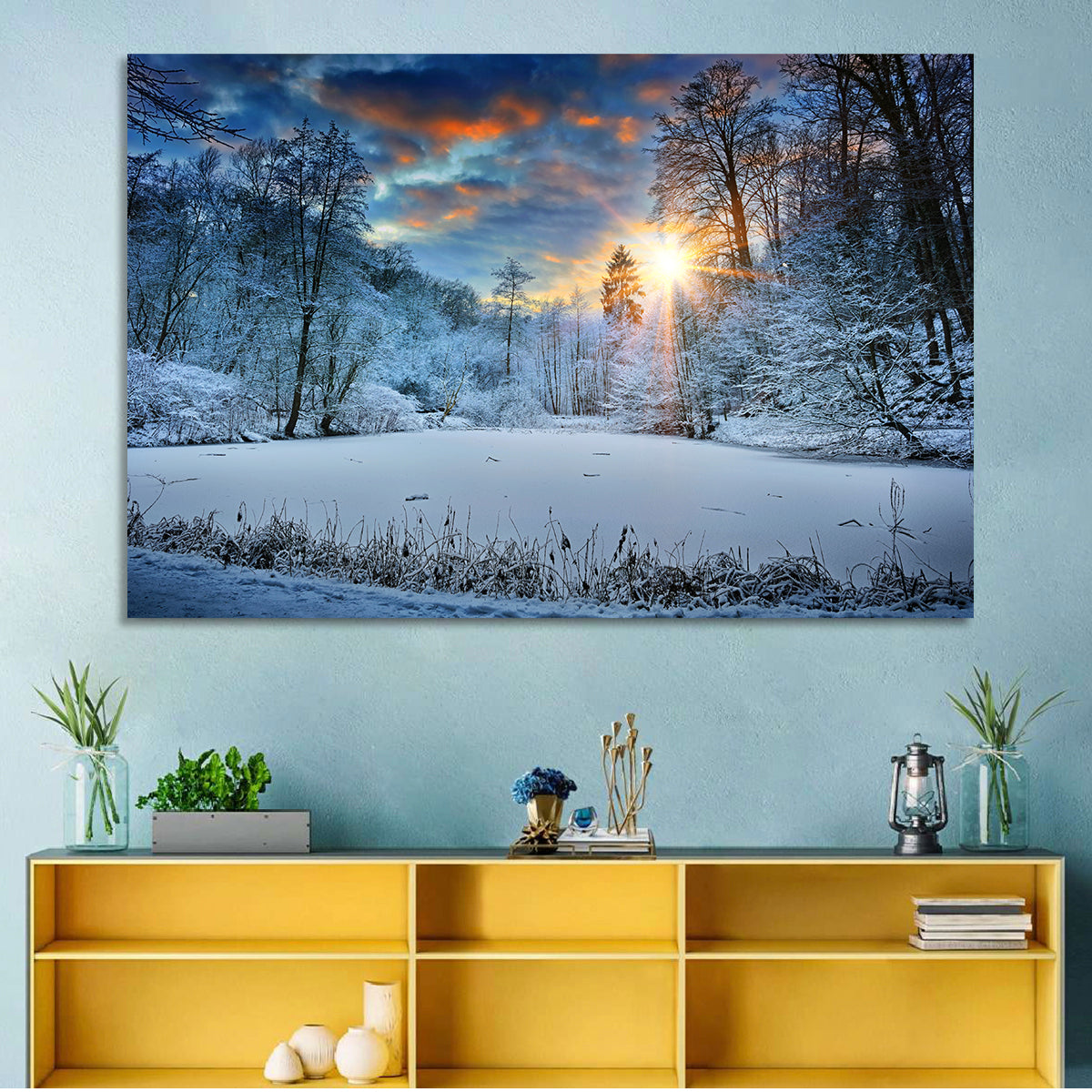 Frozen Forest Lake Wall Art in a room, landscape