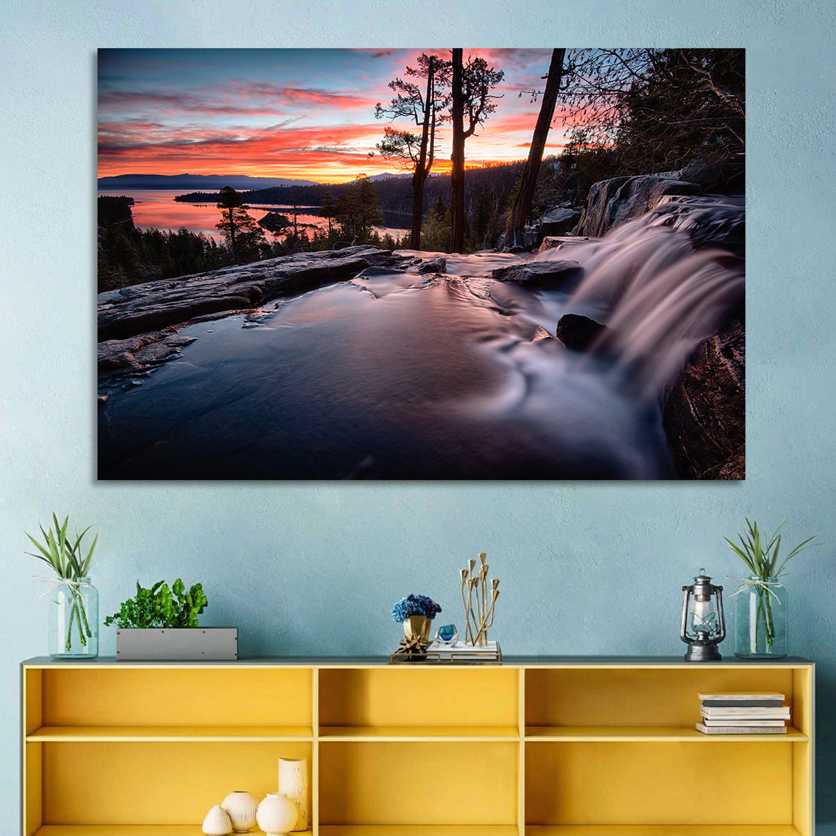 Waterfall Near Lake Tahoe Wall Art in a room, landscape