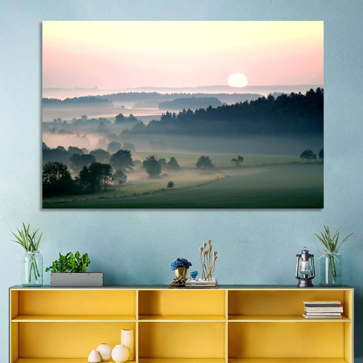 Czech Morning Fog Landscape Wall Art in a room, landscape