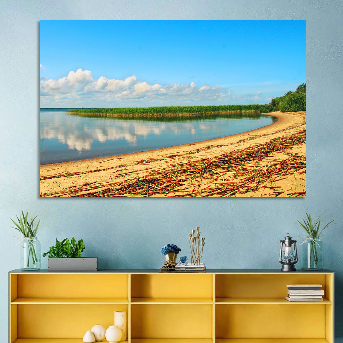 Lake Pskov Shoreline Wall Art in a room, landscape