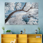 Curving Winter Tree Over Lake Wall Art