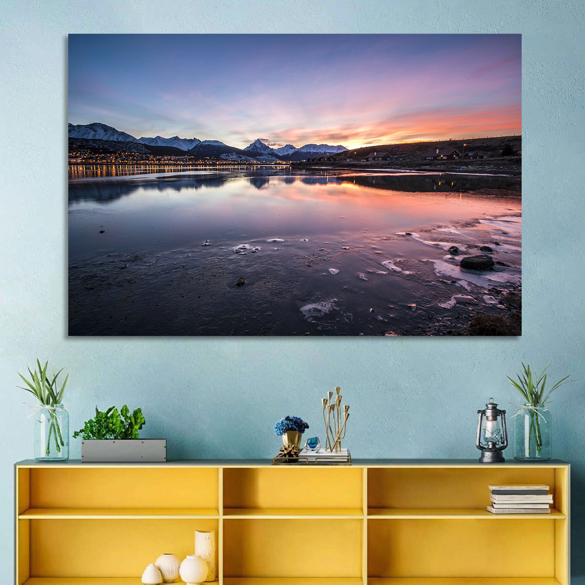 Ushuaia Twilight Reflection Wall Art in a room, landscape