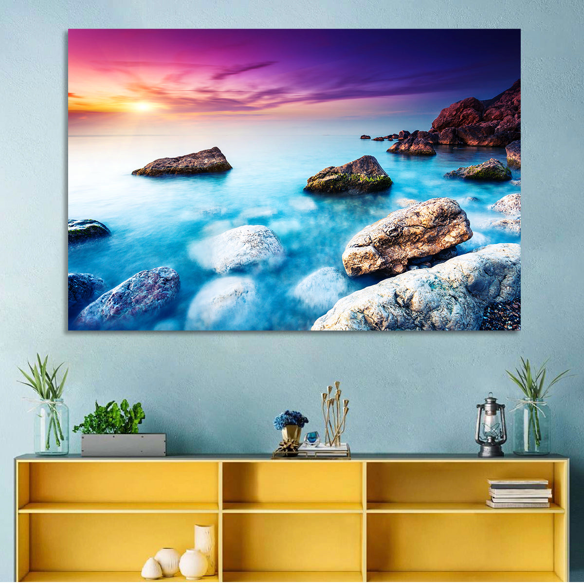 Rocky Beach Sunset Wall Art in a room, landscape