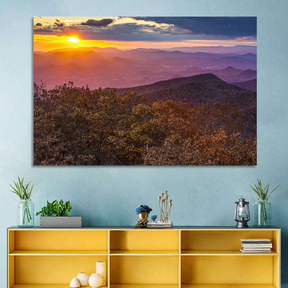 Blue Ridge Sunset Over Autumn Ridges Wall Art in a room, landscape