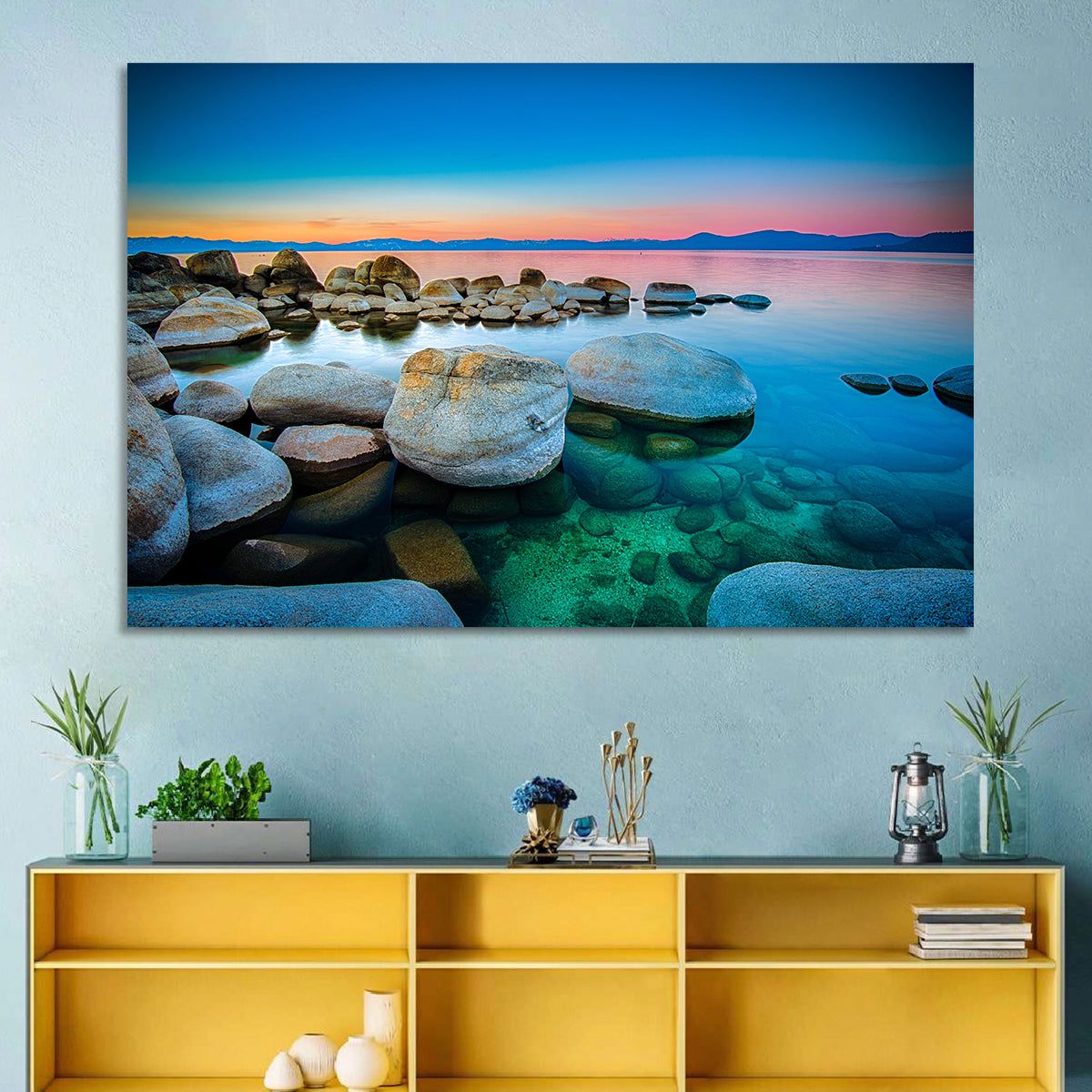 Lake Tahoe Sunset Boulders Wall Art in a room, landscape