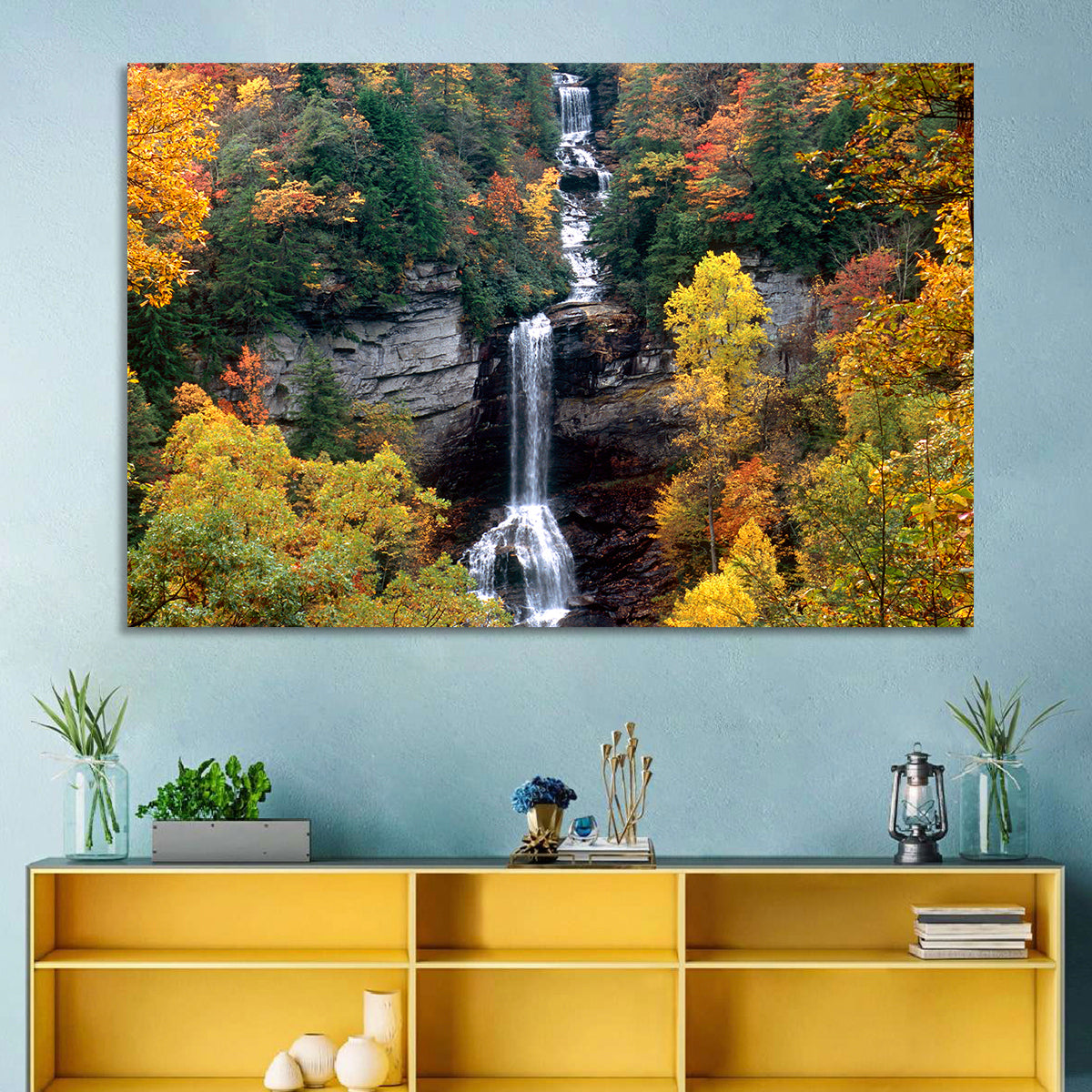 Raven Cliff Waterfall Wall Art in a room, landscape