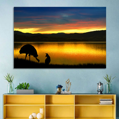 Kangaroo and Emu at Lake Sunset Wall Art