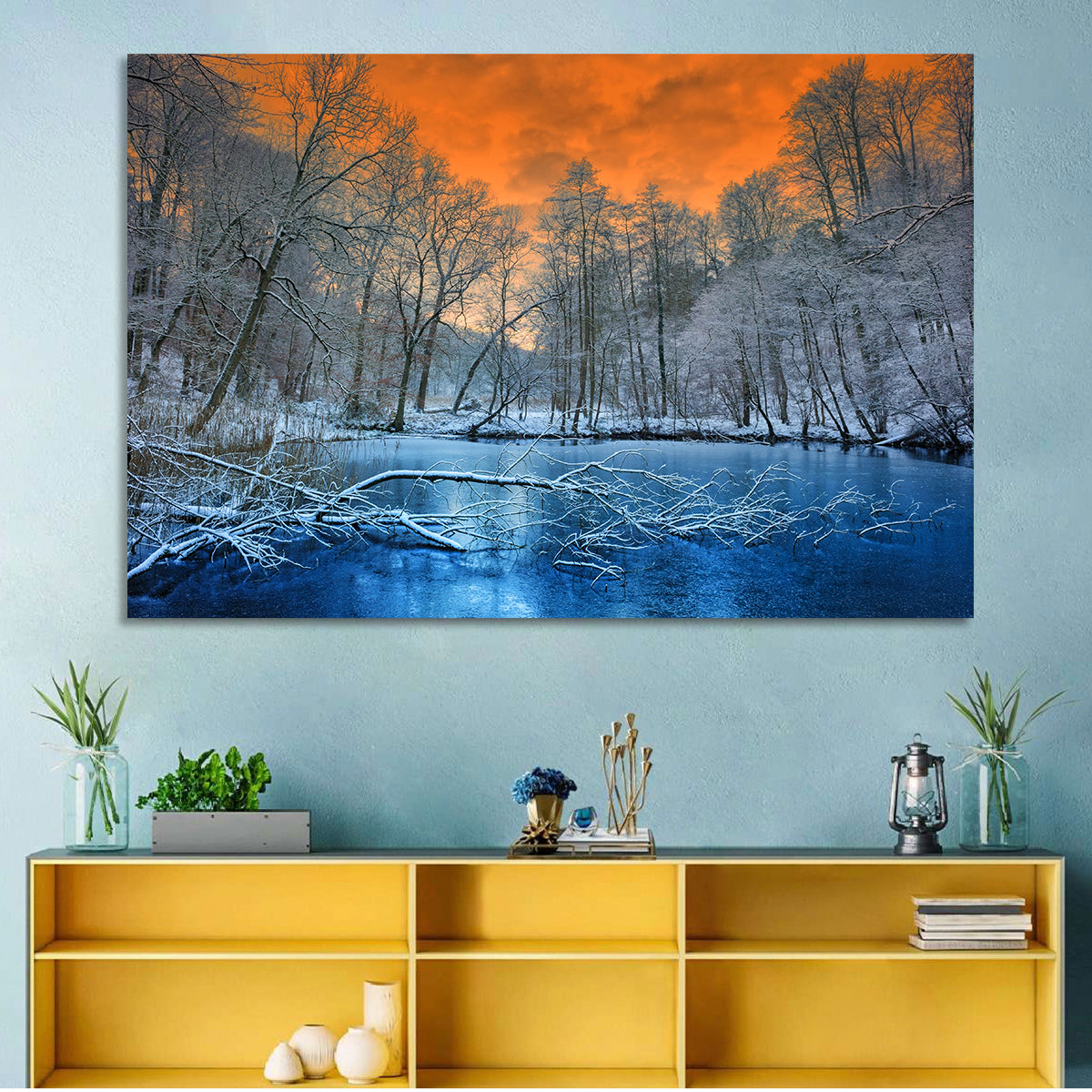 Sunset Over Winter Forest Lake Wall Art in a room, landscape