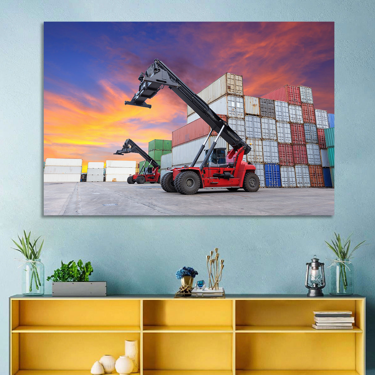 Red Reach Stackers at Sunset Wall Art in a room, landscape