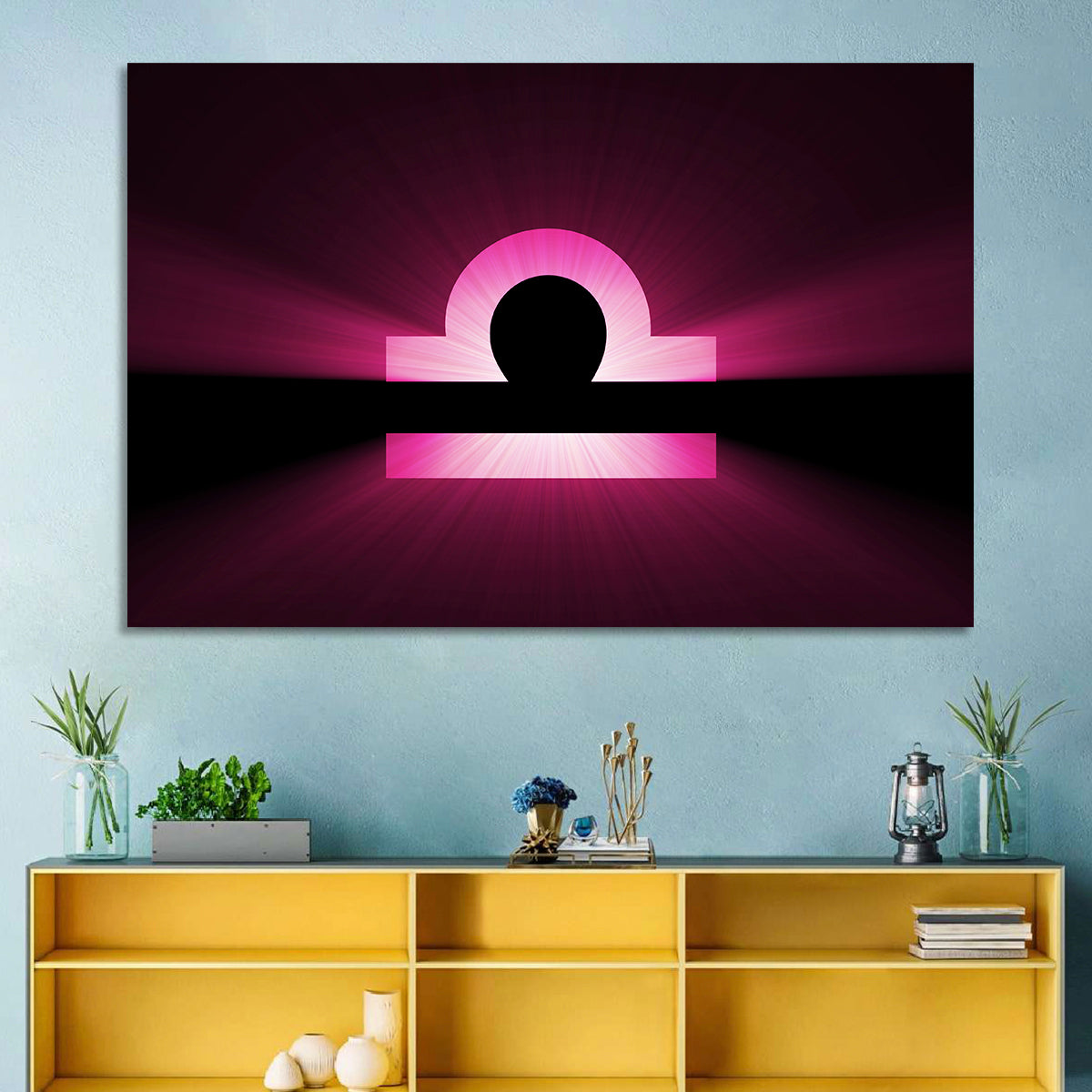 Libra Symbol Neon Glow Wall Art in a room, landscape