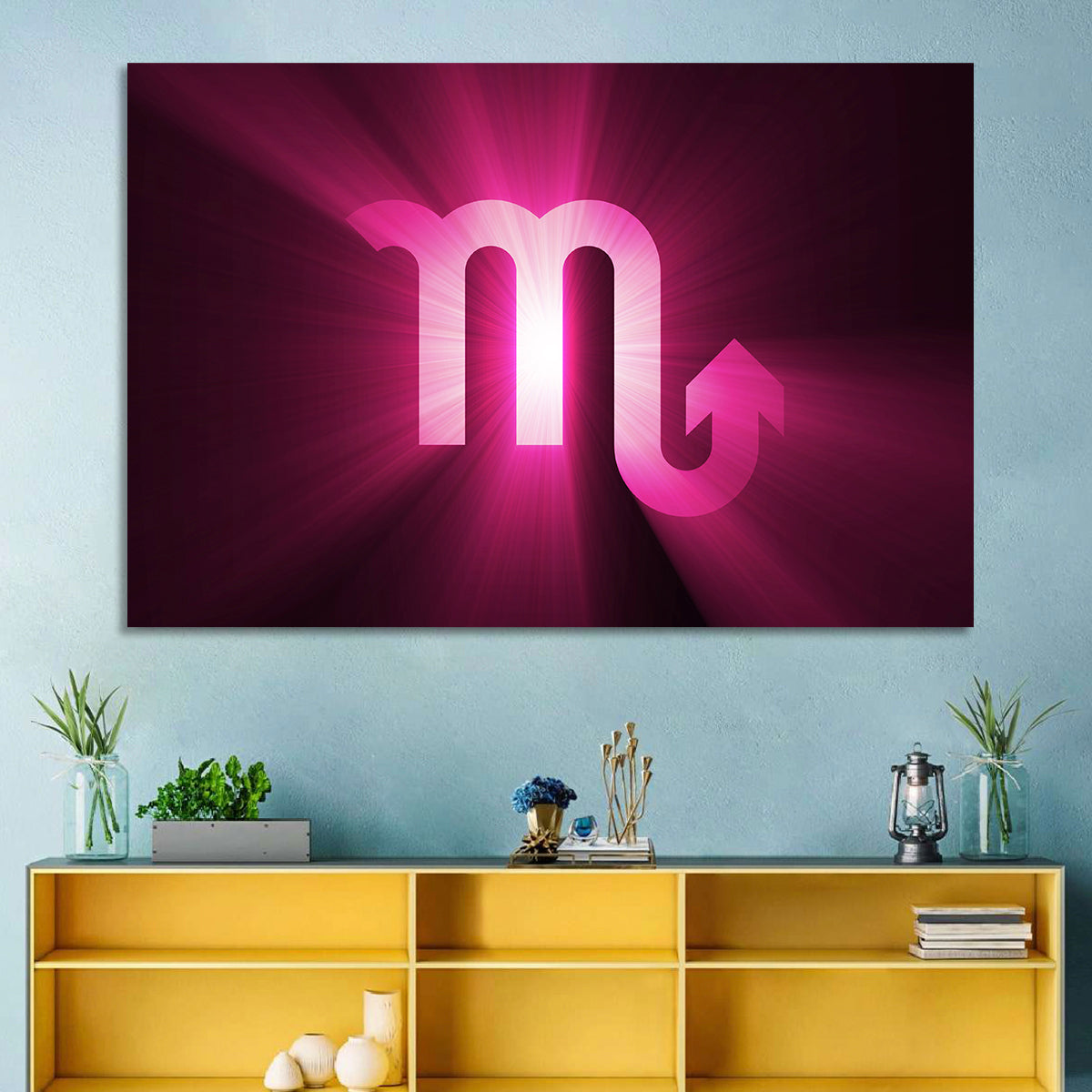 Scorpio Glyph with Magenta Burst Wall Art in a room, landscape
