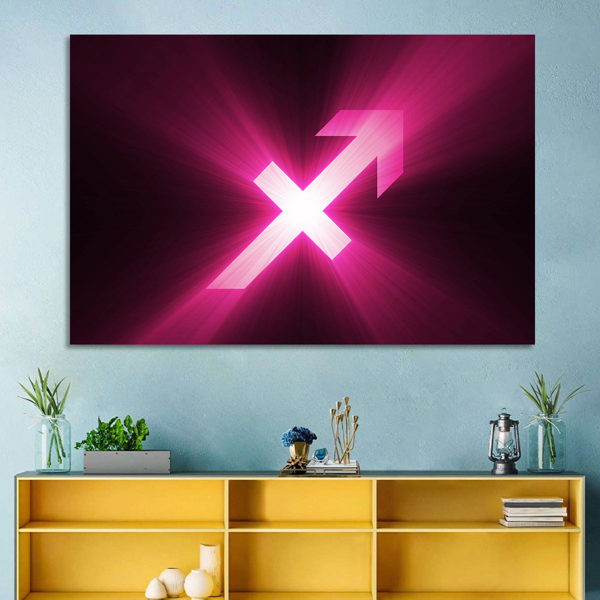 Cosmic Sagittarius Symbol Wall Art in a room, landscape