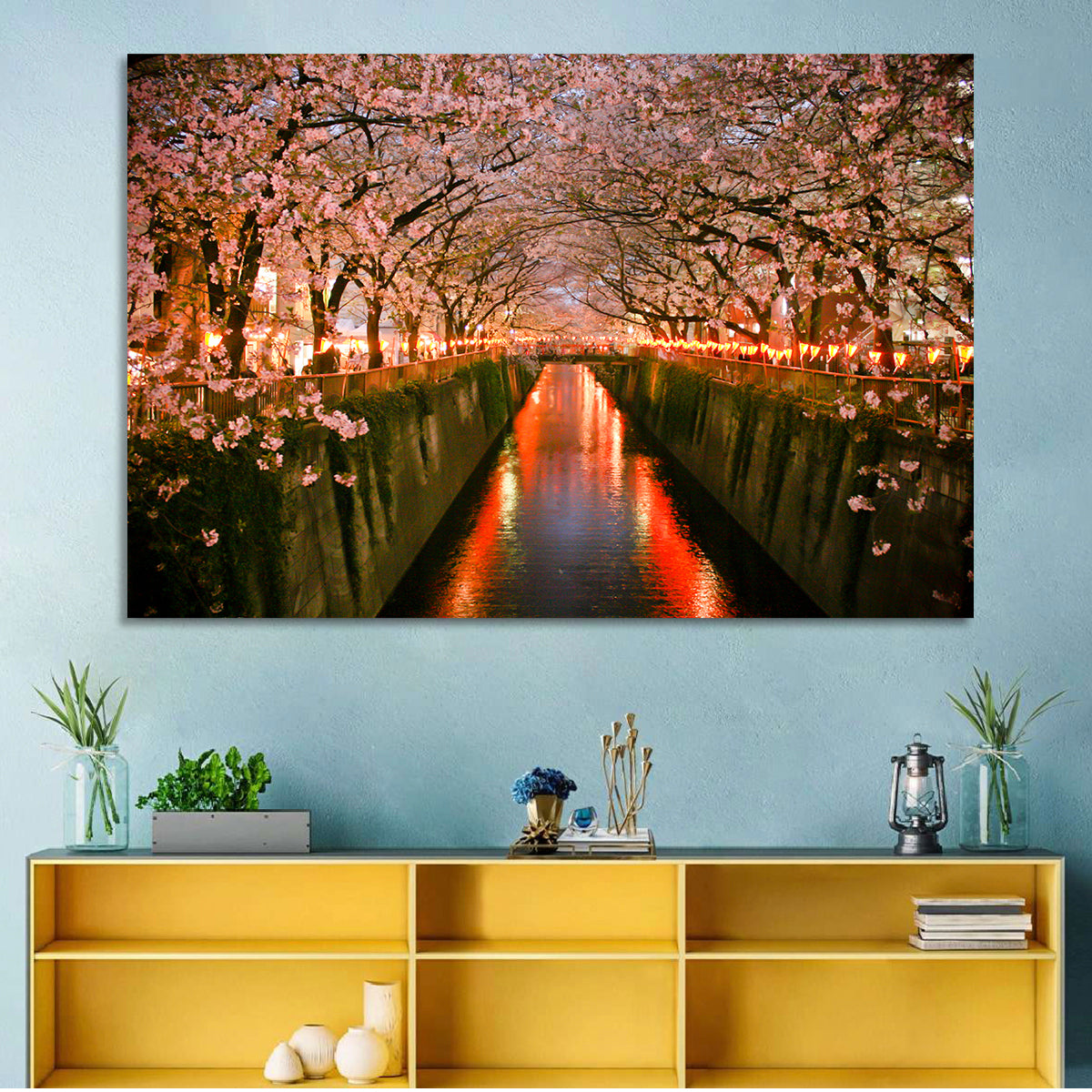 Meguro River Cherry Blossoms Wall Art in a room, landscape