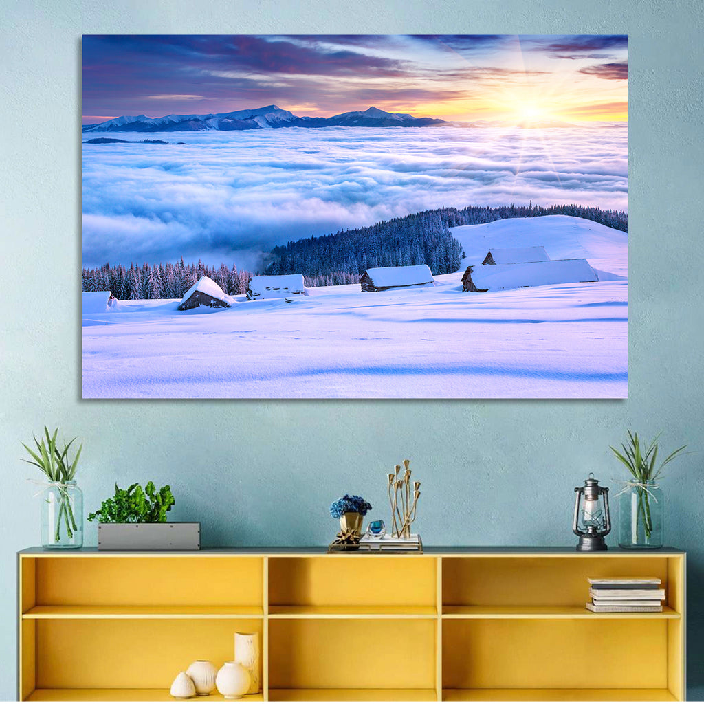 Snowy Cabins Above Clouds Wall Art