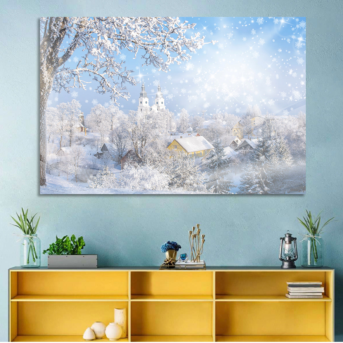 Frosted Village Wall Art in a room, landscape