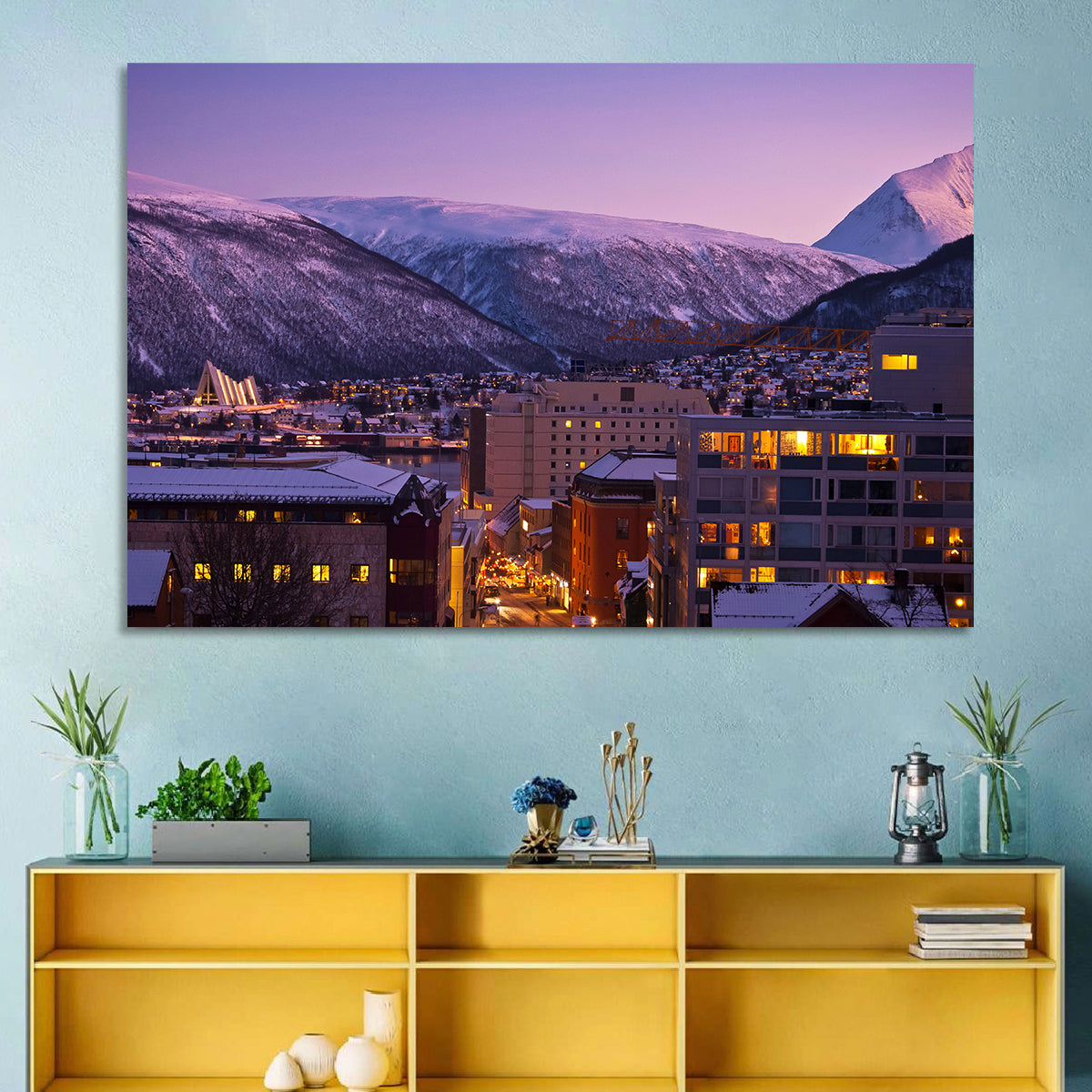 Tromsø Twilight Cityscape Wall Art in a room, landscape