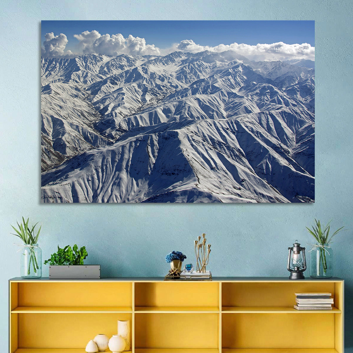Snow-capped Afghan Mountains Wall Art in a room, landscape