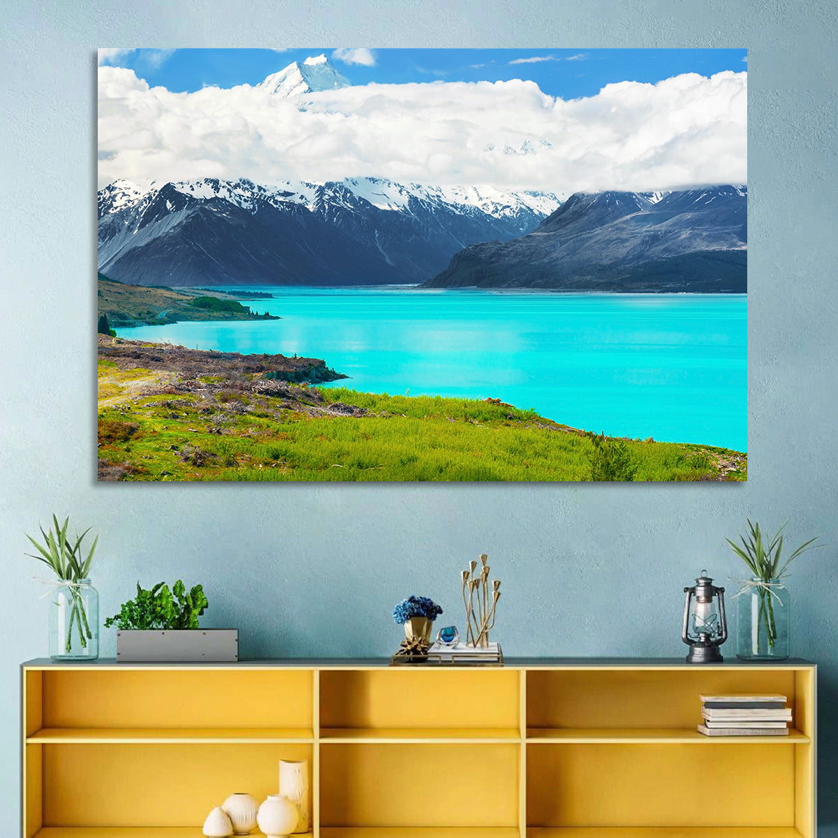 Turquoise Lake Pukaki with Mount Cook Wall Art in a room, landscape