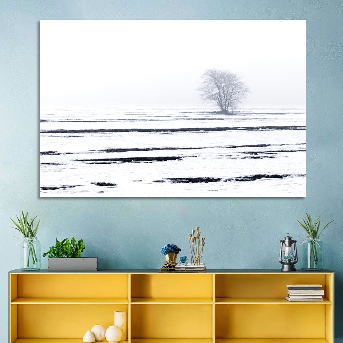 Foggy Winter Field with Lone Tree Wall Art in a room, landscape
