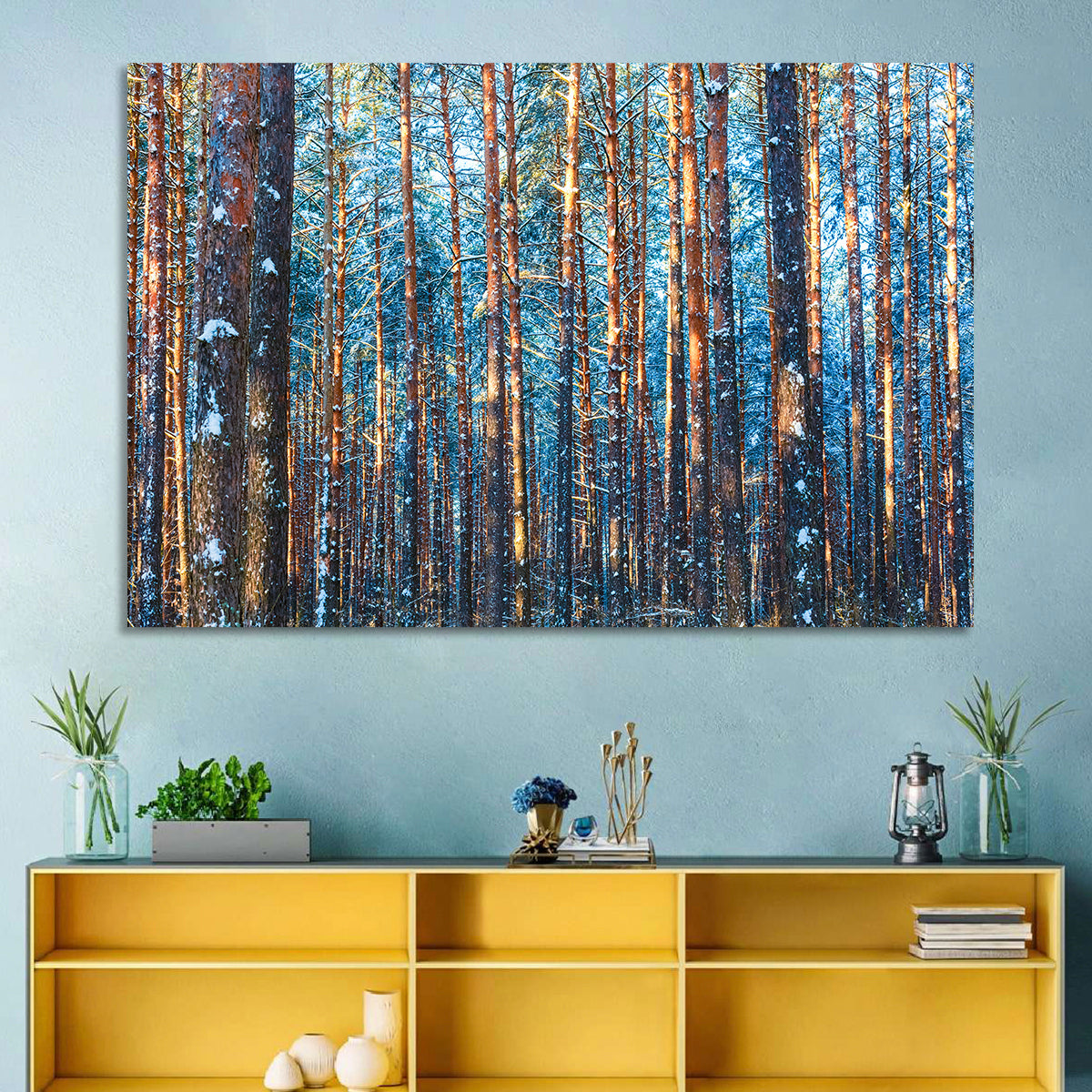 Golden Hour Winter Pine Forest Wall Art in a room, landscape