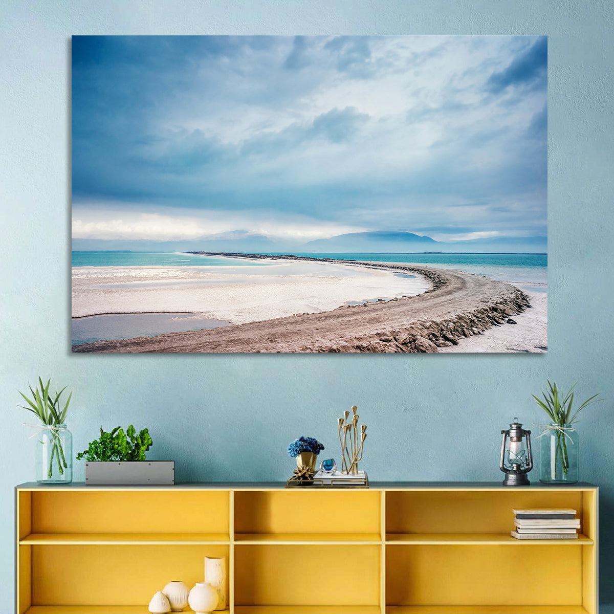Dead Sea Salt Flats Coastline Wall Art in a room, landscape