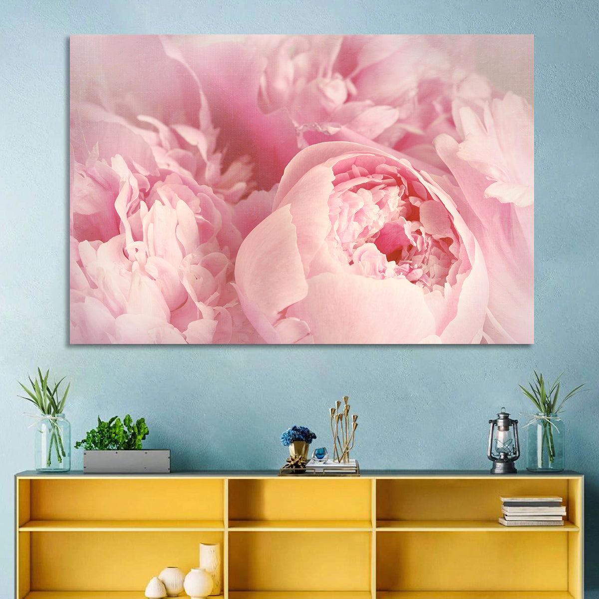 Soft Pink Peony Close Up Wall Art in a room, landscape