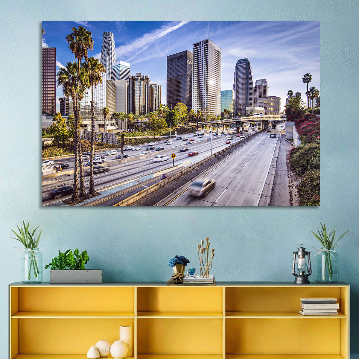 Los Angeles Freeway to Downtown Skyline Wall Art in a room, landscape