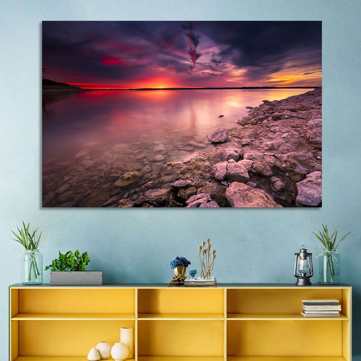 Benbrook Lake Sunset Reflection Wall Art in a room, landscape