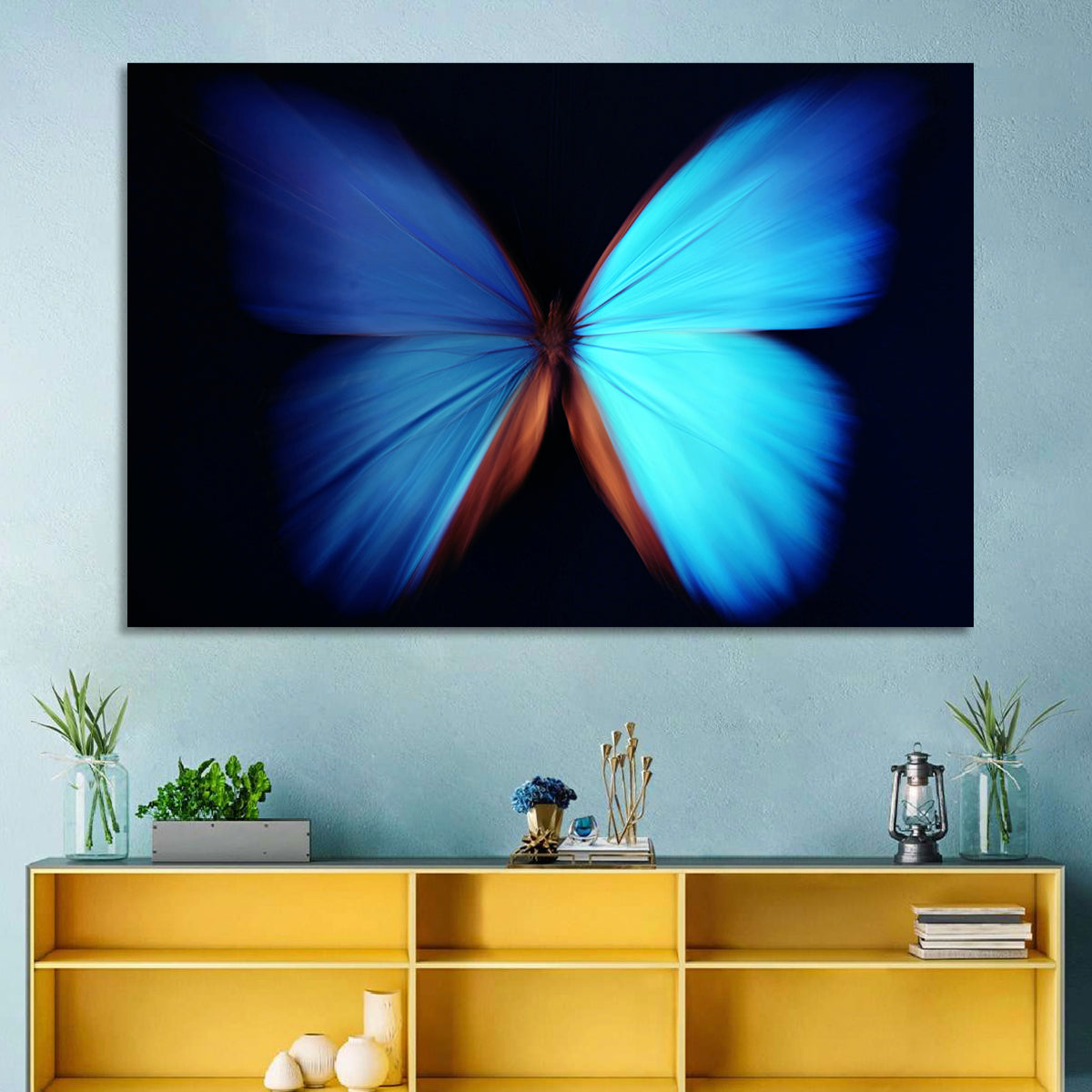 Blue Butterfly Macro Study Wall Art in a room, landscape