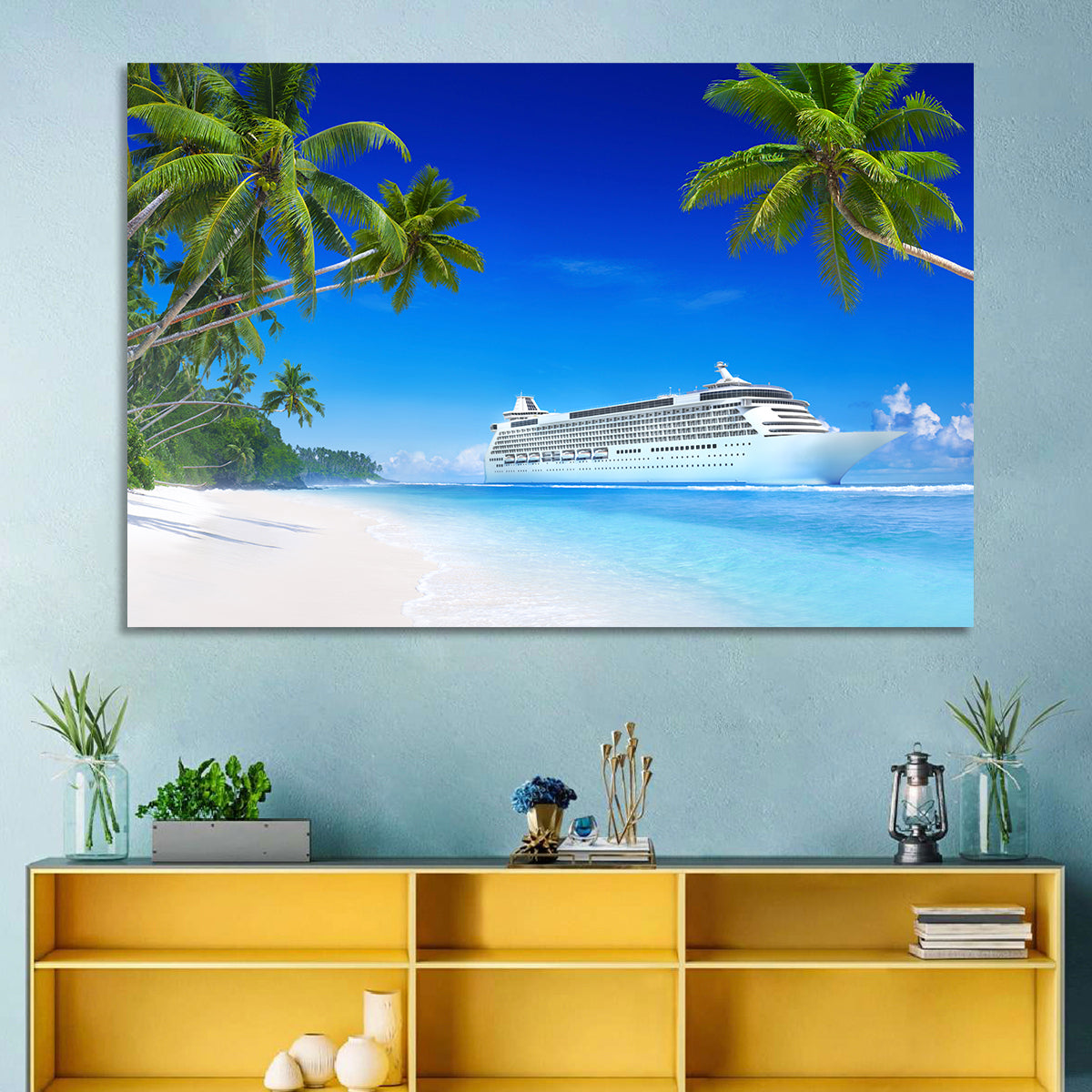 Tropical Beach Cruise Ship Shoreline Wall Art in a room, landscape