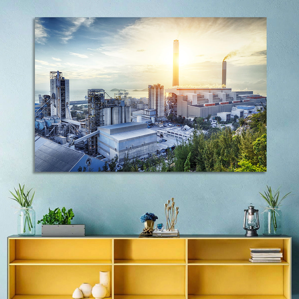 Coastal Power Plant at Sunrise Wall Art in a room, landscape