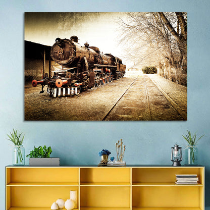 Sepia Steam Locomotive on Rusted Tracks Wall Art