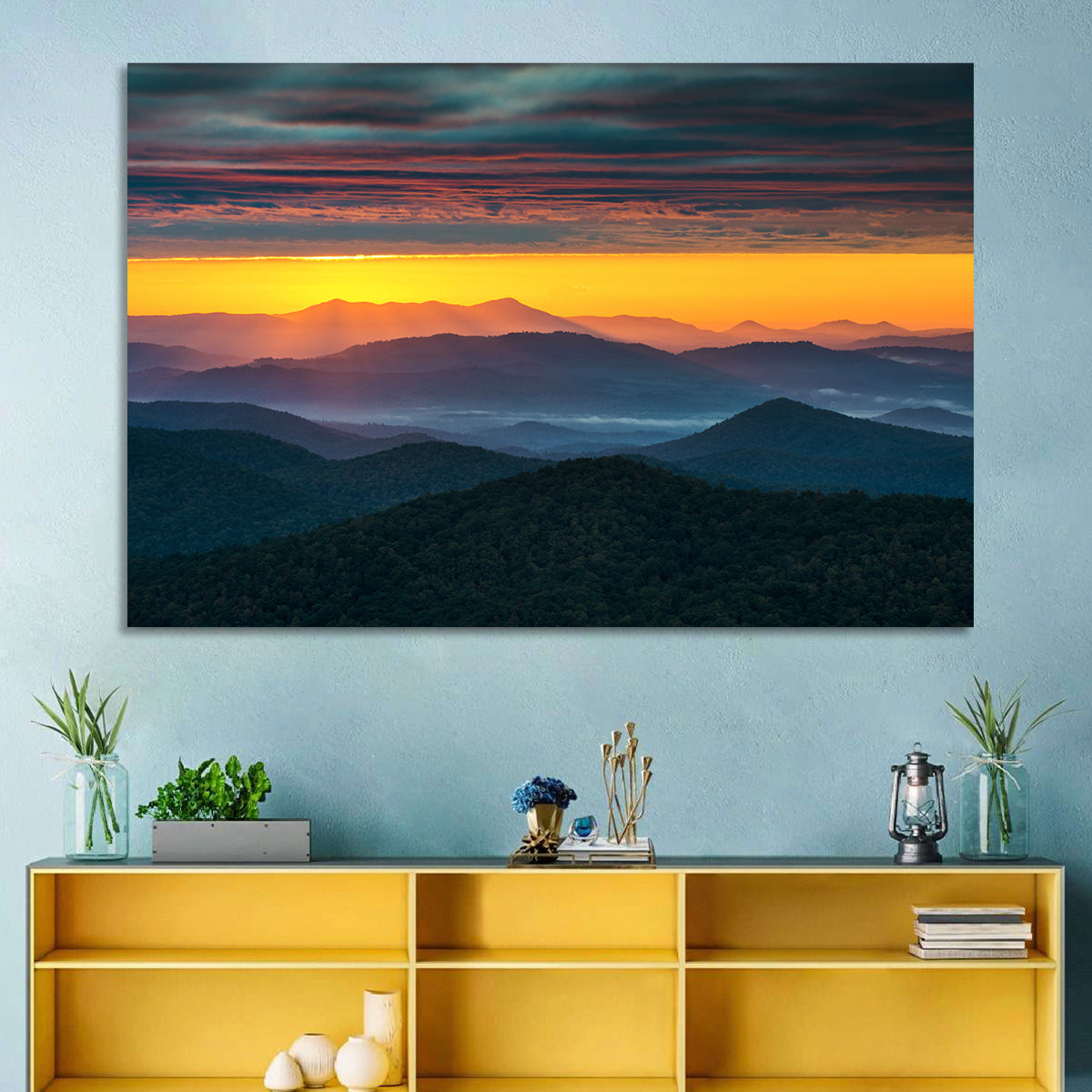 Misty Blue Ridge Sunrise North Carolina Wall Art in a room, landscape