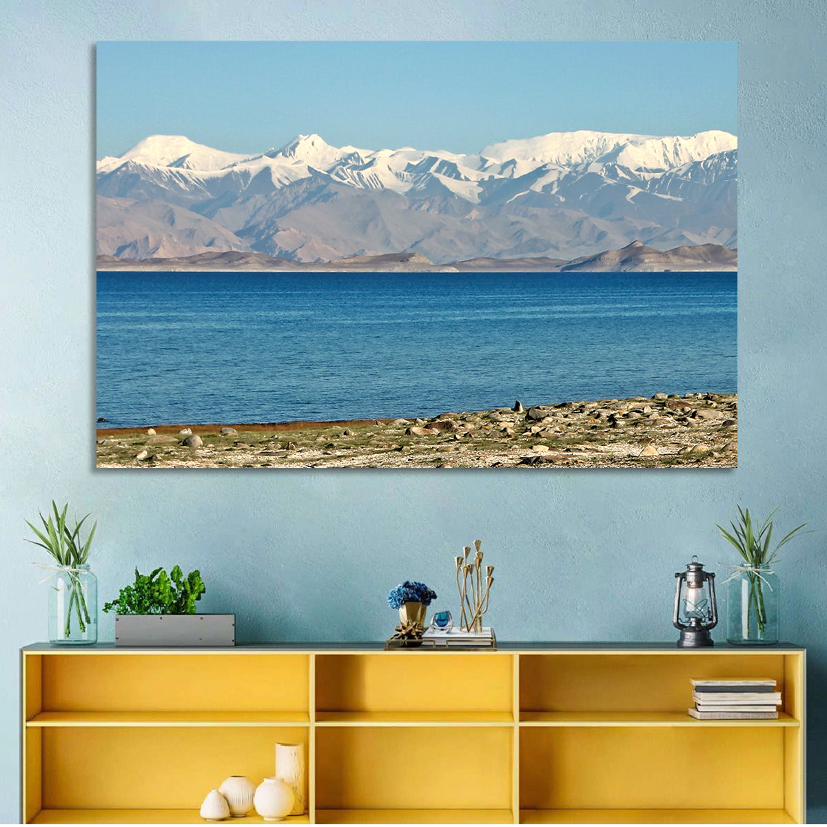 Karakul Lake and Pamir Mountains Wall Art in a room, landscape