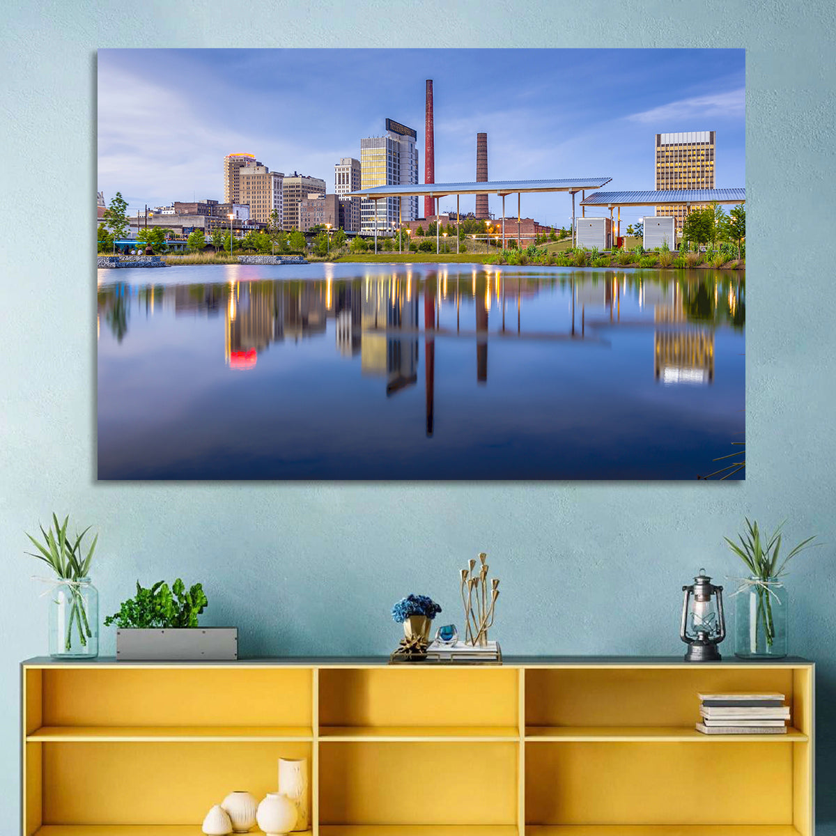 Birmingham Skyline Reflection at Twilight Wall Art in a room, landscape