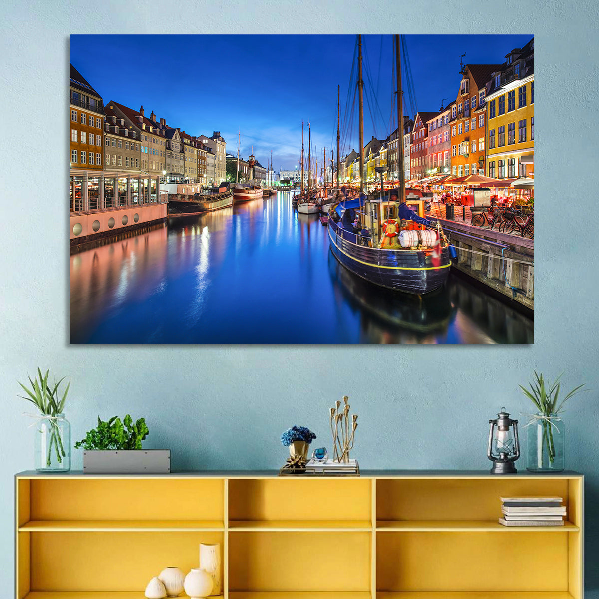Nyhavn Canal at Dusk Wall Art in a room, landscape