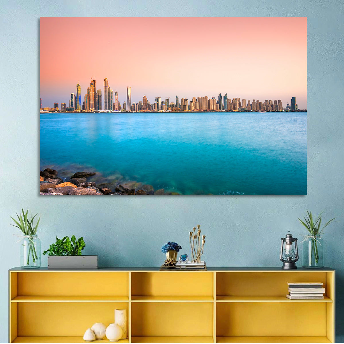 Dubai Marina Skyline Wall Art in a room, landscape