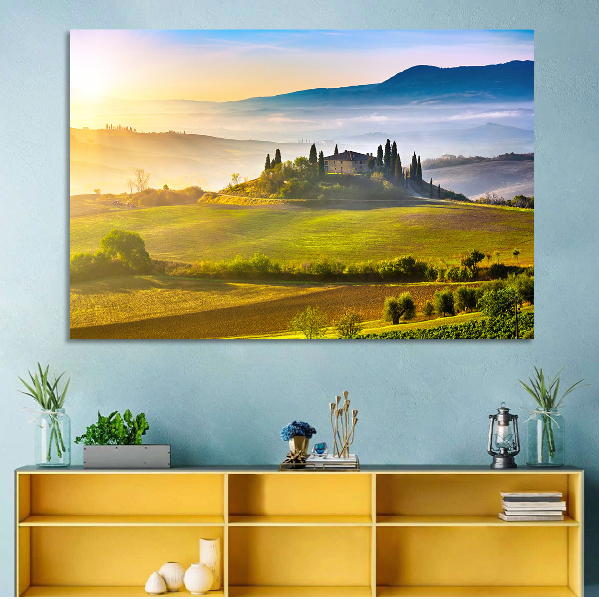 Tuscan Morning Landscape Wall Art in a room, landscape