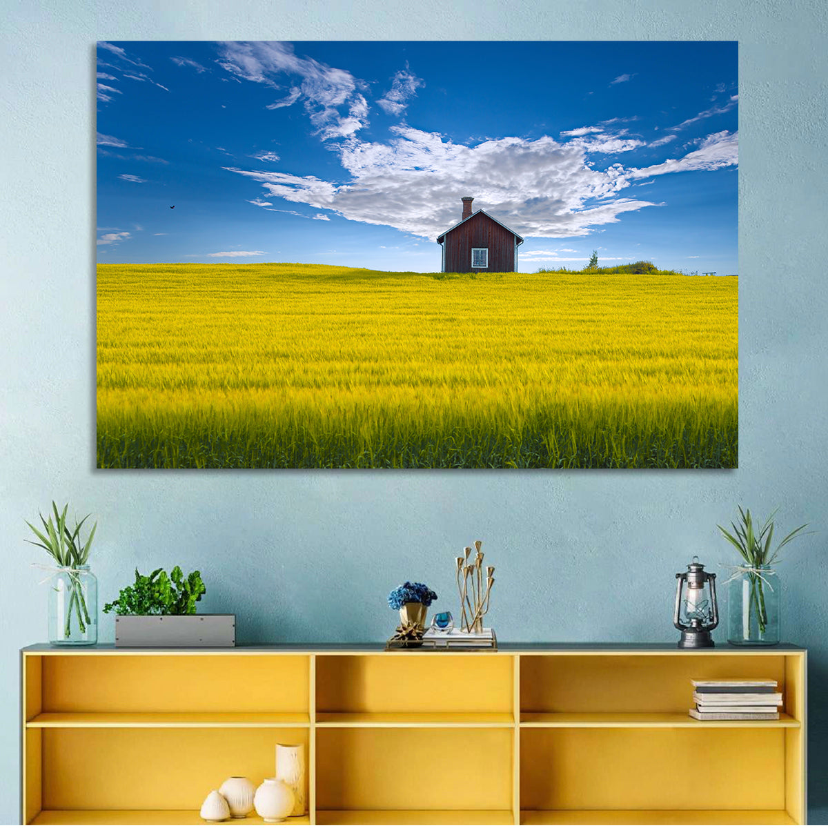 Red Barn in Golden Wheat Field Wall Art in a room, landscape