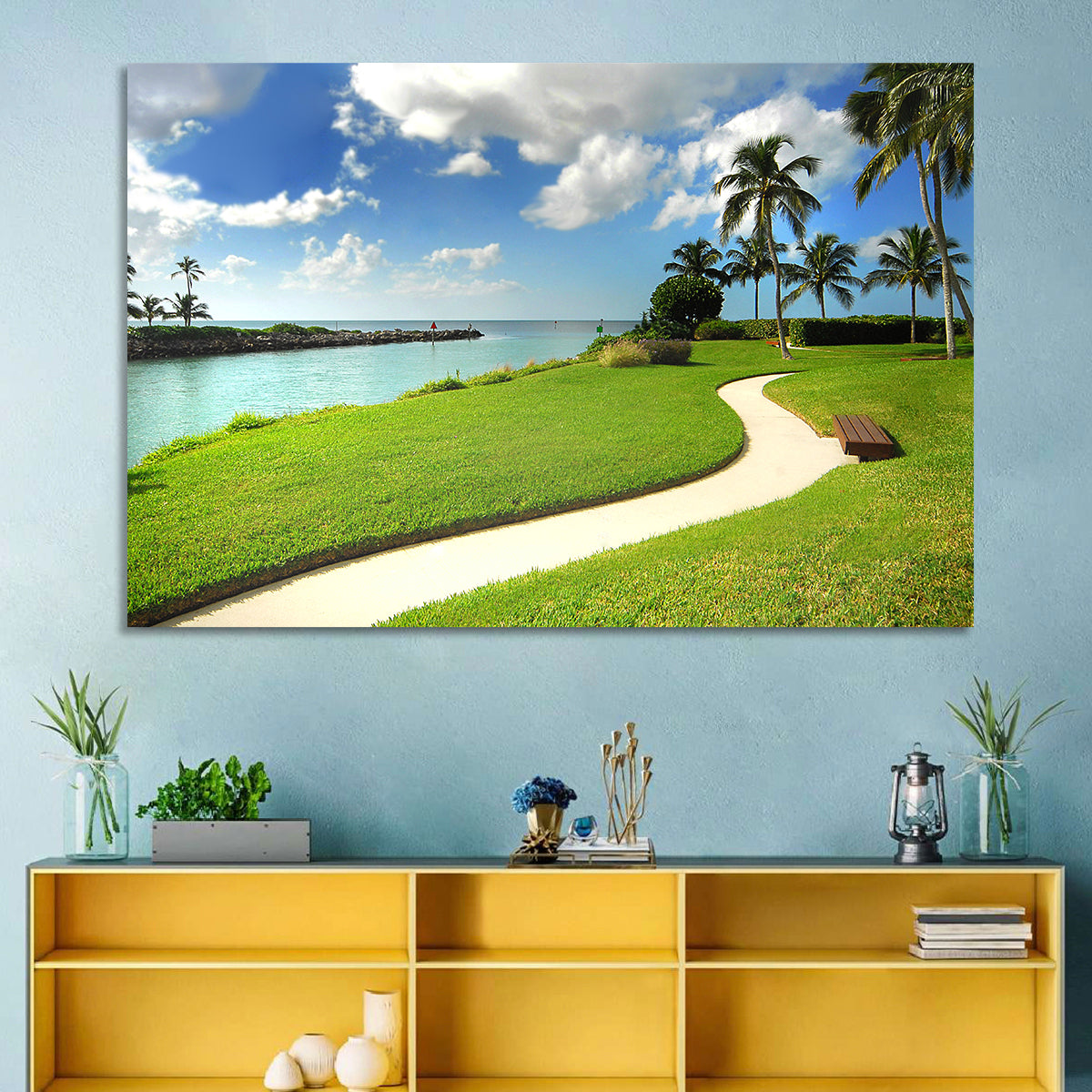 Tropical Coastal Pathway Wall Art in a room, landscape