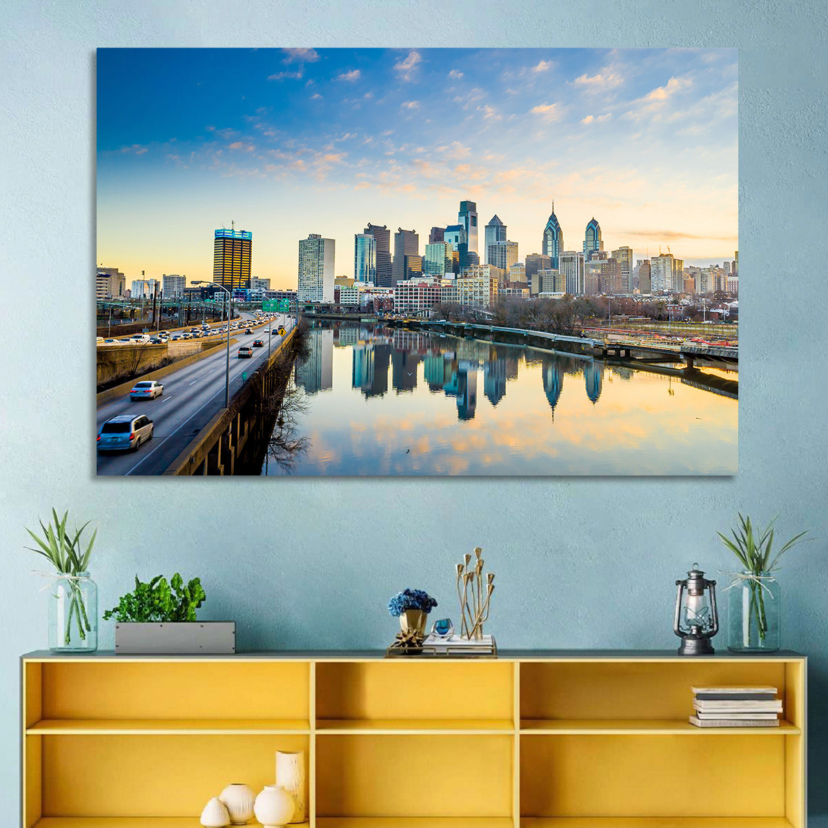 Philadelphia Skyline at Dusk Wall Art in a room, landscape